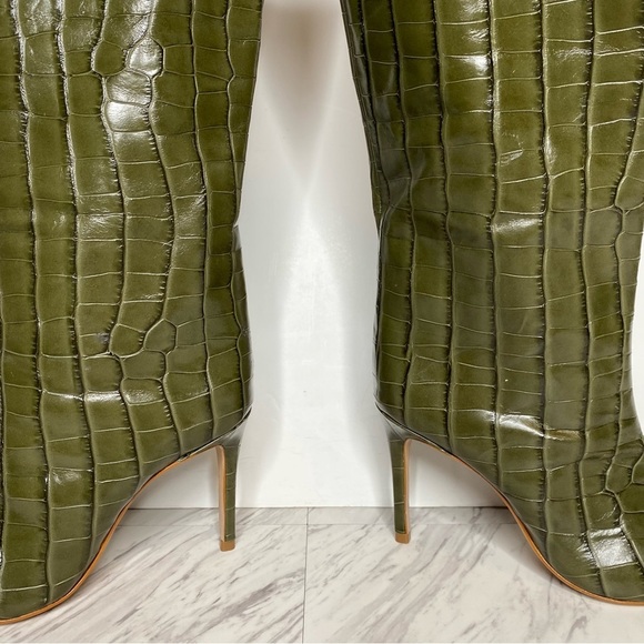 Schutz Maryana Military Green Crocodile Embossed Leather Tall Heeled Boot 5B - Picture 8 of 15